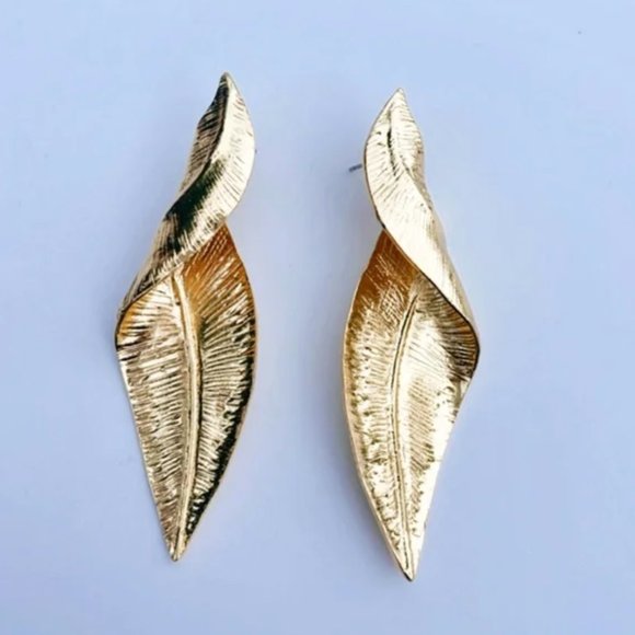 Anthro Twisted Gold Leaf Statement Earrings - Picture 3 of 3